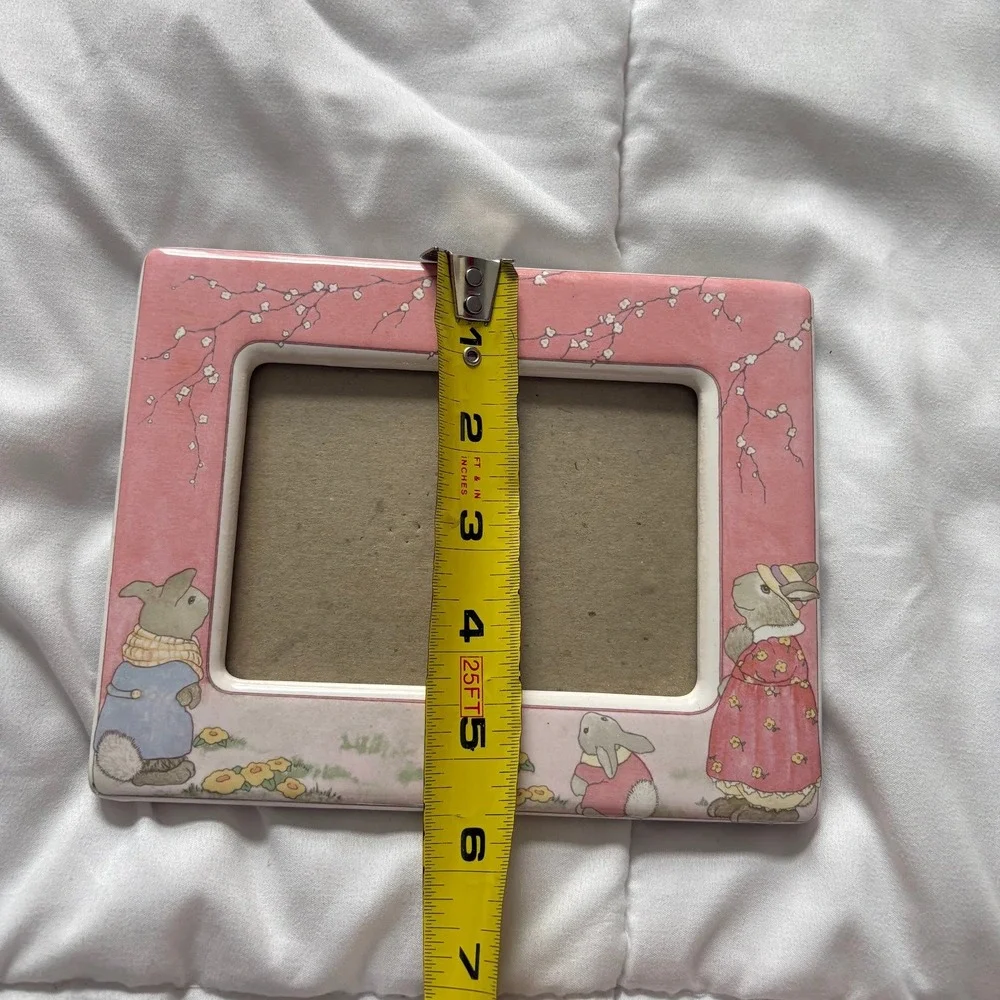 Vintage Bunny Rabbit Ceramic Picture Frame Pink Floral Nursery Decor 5x3.5